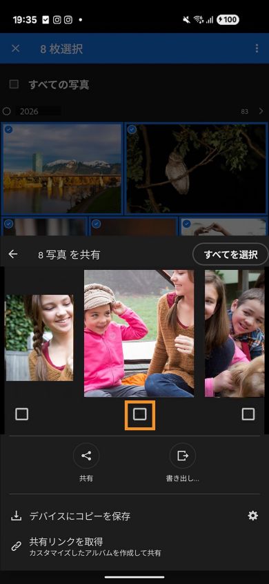 チェックボックスアイコンがハイライト表示され、画像が共有画面のカルーセル表示で表示されます。