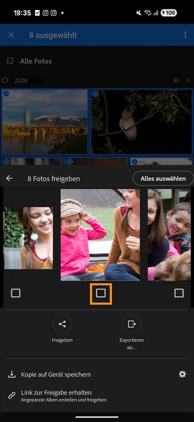 Das Kontrollkästchen-Symbol ist hervorgehoben, wo Bilder in der Carousel-Ansicht auf dem Freigabebildschirm angezeigt werden.