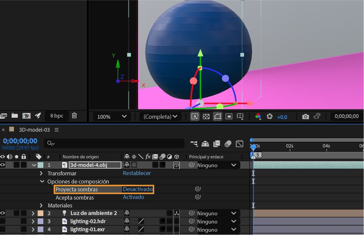 Se desactiva la opción Proyecta sombras en las opciones de composición de una capa con un modelo 3D.