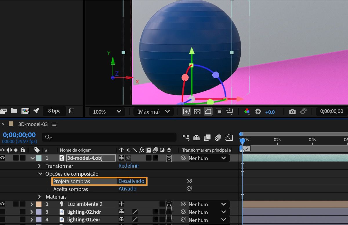 A opção Projeta sombras, em Opções de composição, de uma camada com um modelo 3D é desativada.