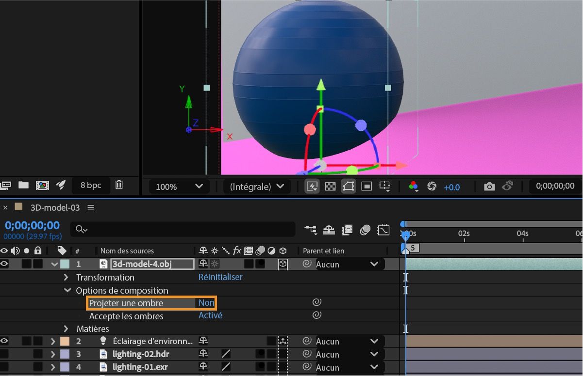 L’option Projette une ombre sous les options de composition d’un calque avec un modèle 3D est désactivée.