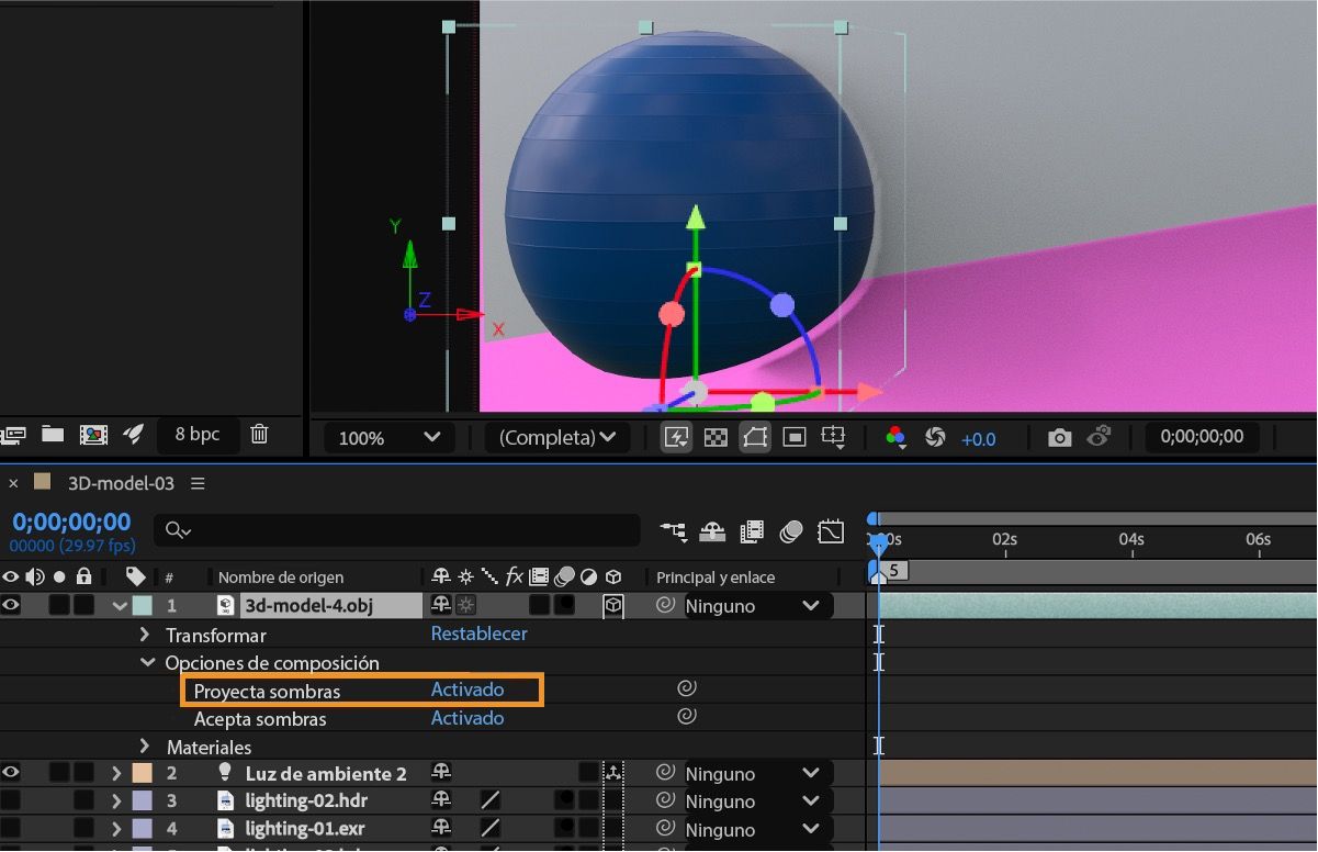 Se activa la opción Proyecta sombras en las opciones de composición de una capa con un modelo 3D.