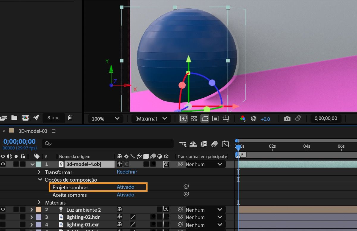 A opção Projeta sombras, nas Opções de composição, de uma camada com um modelo 3D é ativada.