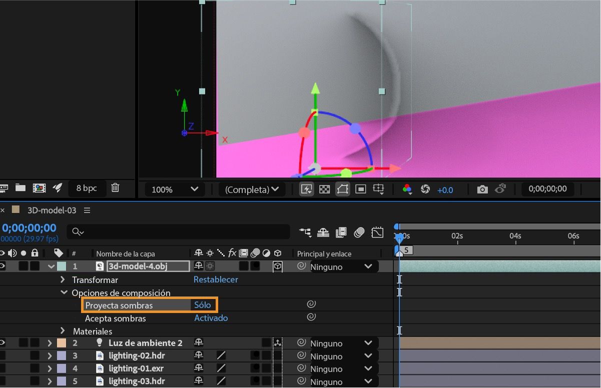 La opción Proyecta sombras en las opciones de composición de una capa con un modelo 3D se especifica como Solo para ocultar el objeto 3D, pero permitiendo que proyecte sombras.