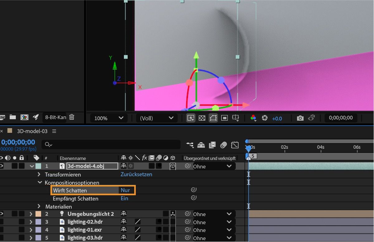Die Option „Wirft Schatten“ in den Kompositionsoptionen einer Ebene mit einem 3D-Modell kann als „Nur“ festgelegt werden, um das 3D-Objekt auszublenden, aber dennoch zu erlauben, dass es Schatten wirft.