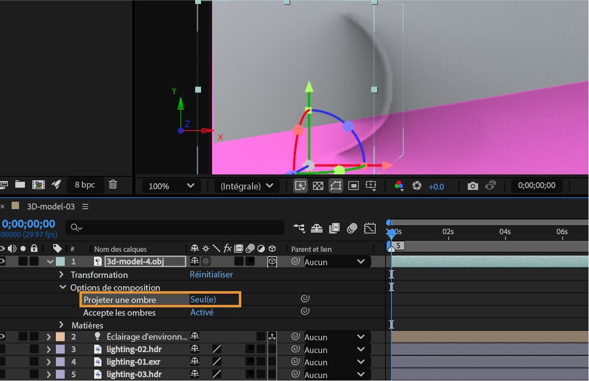 L’option Projette une ombre sous les options de composition d’un calque avec un modèle 3D est spécifiée comme Uniquement pour masquer l’objet 3D tout en lui permettant de projeter des ombres.
