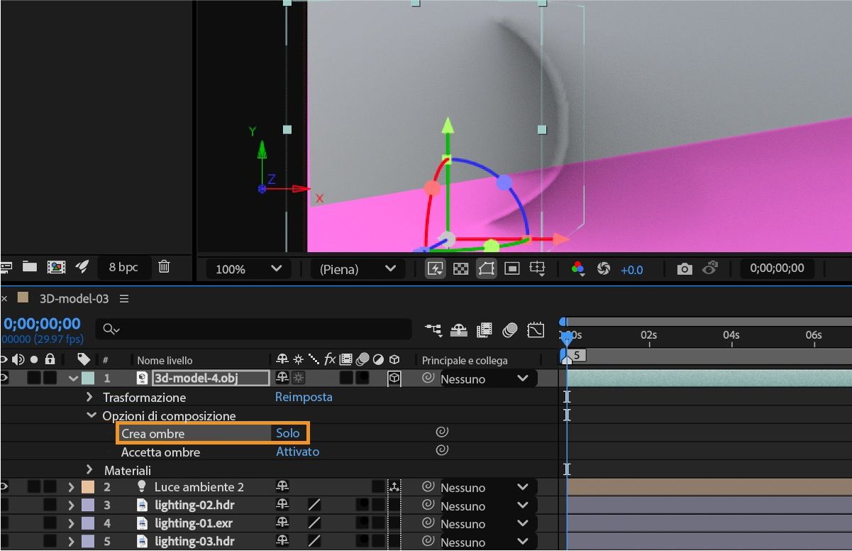 La funzione Crea ombre nelle Opzioni di composizione di un livello con un modello 3D è specificata come Solo per nascondere l’oggetto 3D ma consentendogli comunque di proiettare ombre.