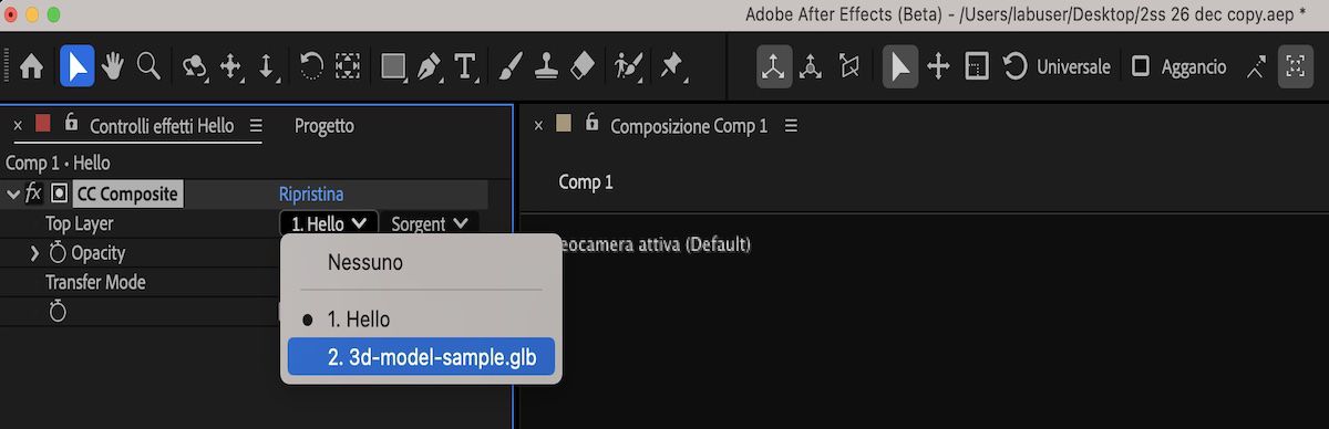 L’effetto CC Composite è evidenziato con il menu a discesa Livello superiore aperto e un livello – 3d-model-sample.glb selezionato.