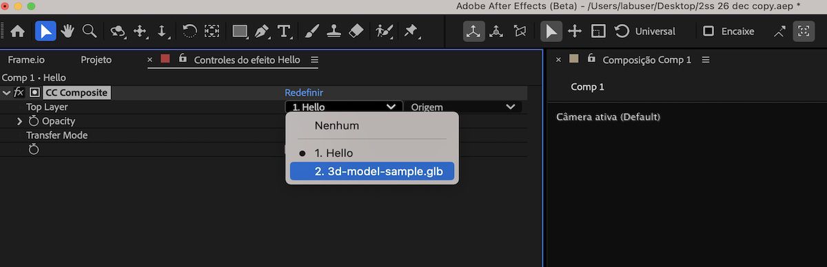 O efeito Composto do CC é destacado com o menu suspenso Camada superior aberto e uma camada – 3d-model-sample.glb selecionada.