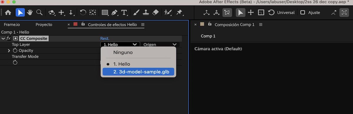 El efecto Composición CC se resalta con el menú desplegable Capa superior abierto y una capa, 3d-model-sample.glb seleccionada.