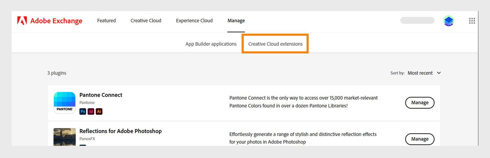 Na kartě Spravovat je zobrazen panel rozšíření pro Creative cloud, kde najdete všechny nainstalované/zakoupené zásuvné moduly.
