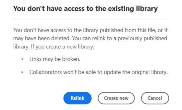 Fai clic su Ricollega per collegare il documento di origine a una libreria collegata precedentemente pubblicata