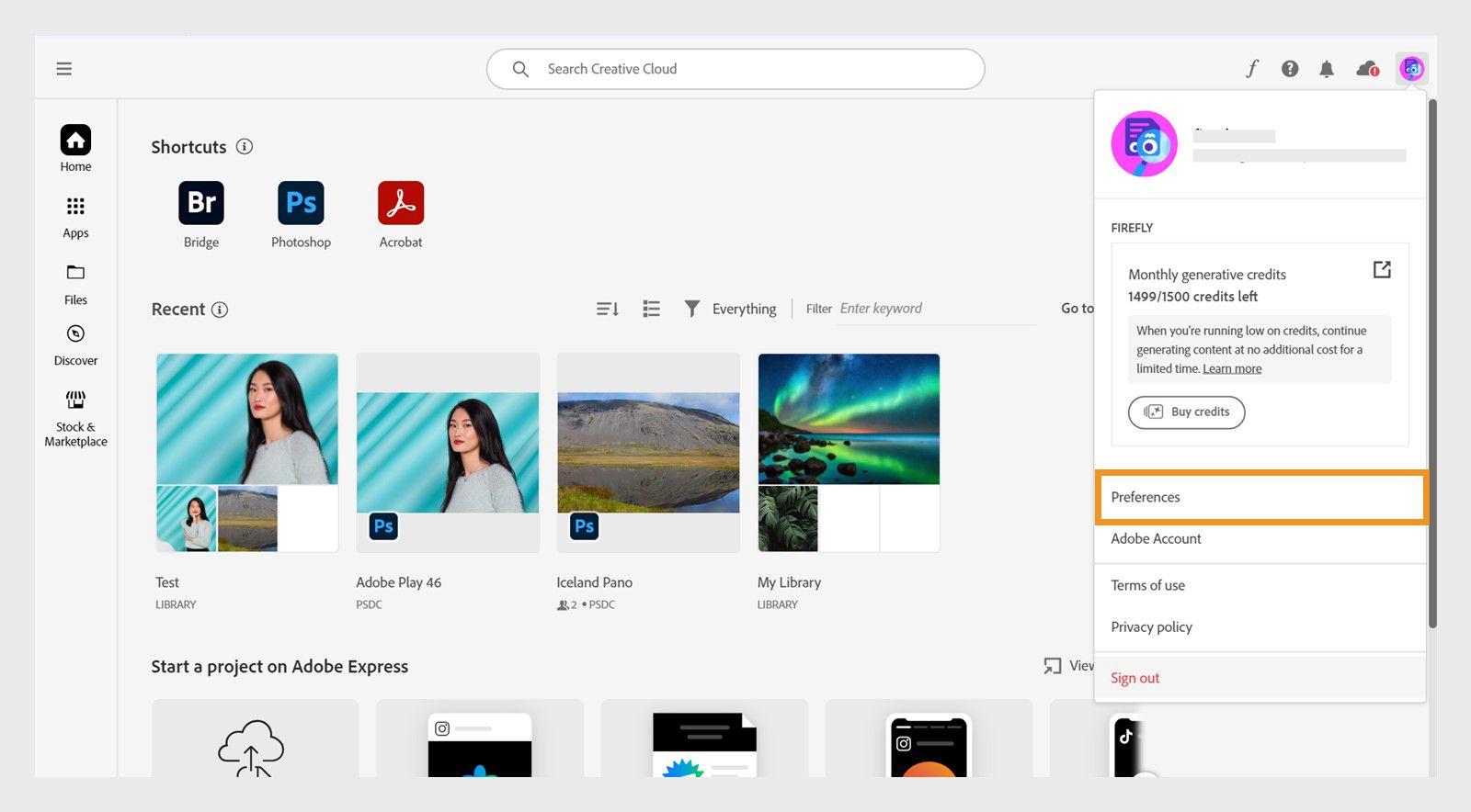 Preferences menu visible under Accounts on the Creative Cloud desktop app