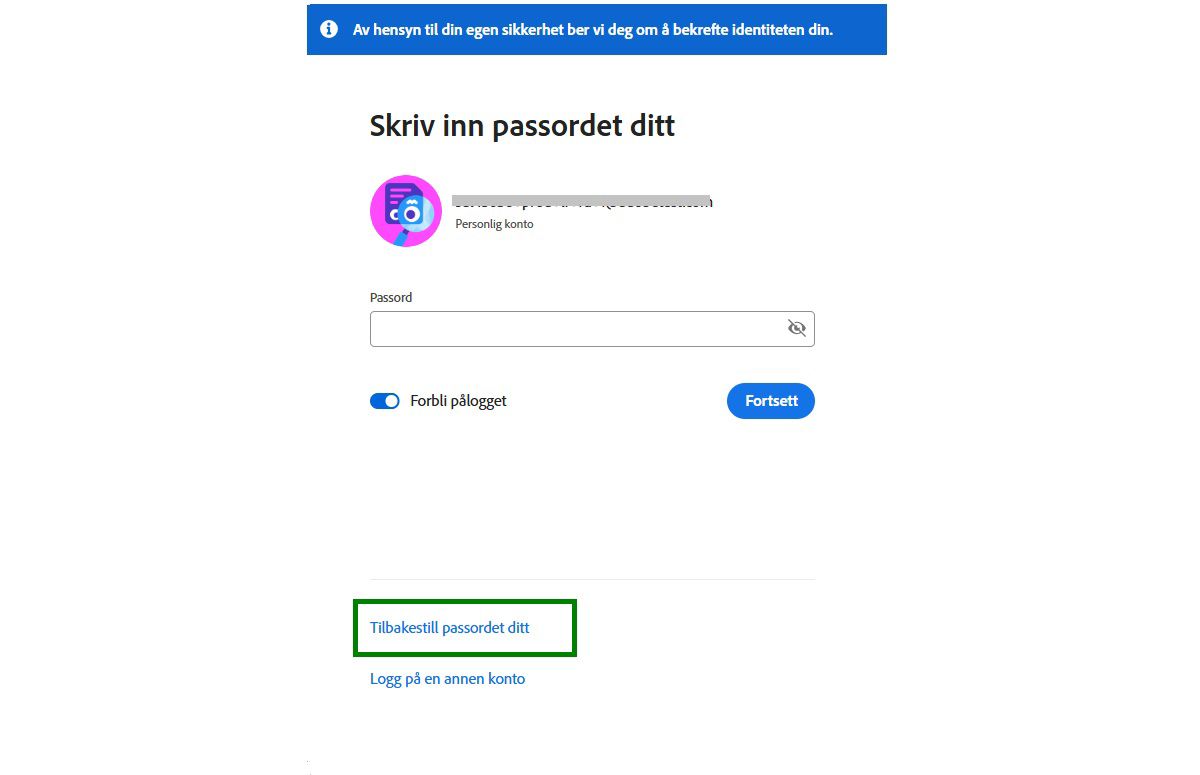 Påloggingsskjermbilde for å endre passordet til Adobe-konto