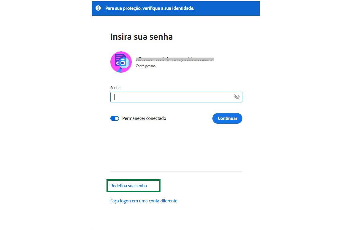 Tela de login da conta da Adobe para alterar sua senha