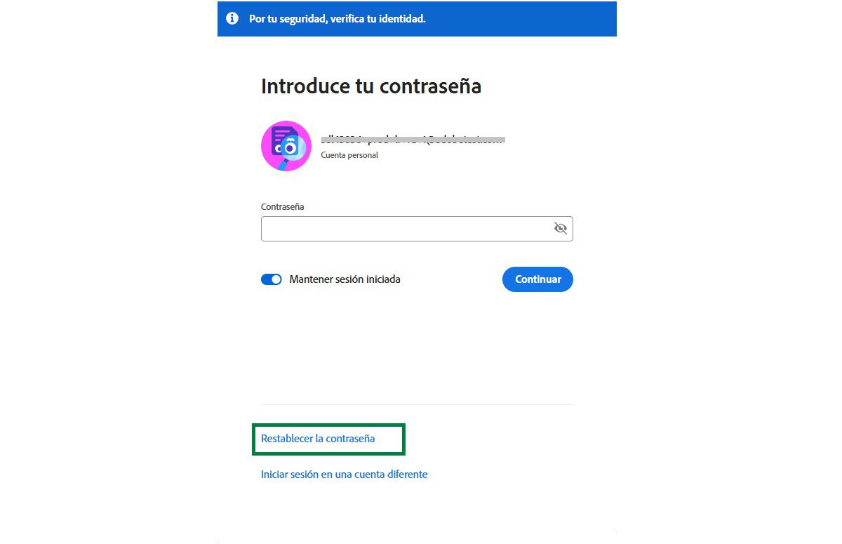 Pantalla de inicio de sesión de la cuenta de Adobe para cambiar la contraseña