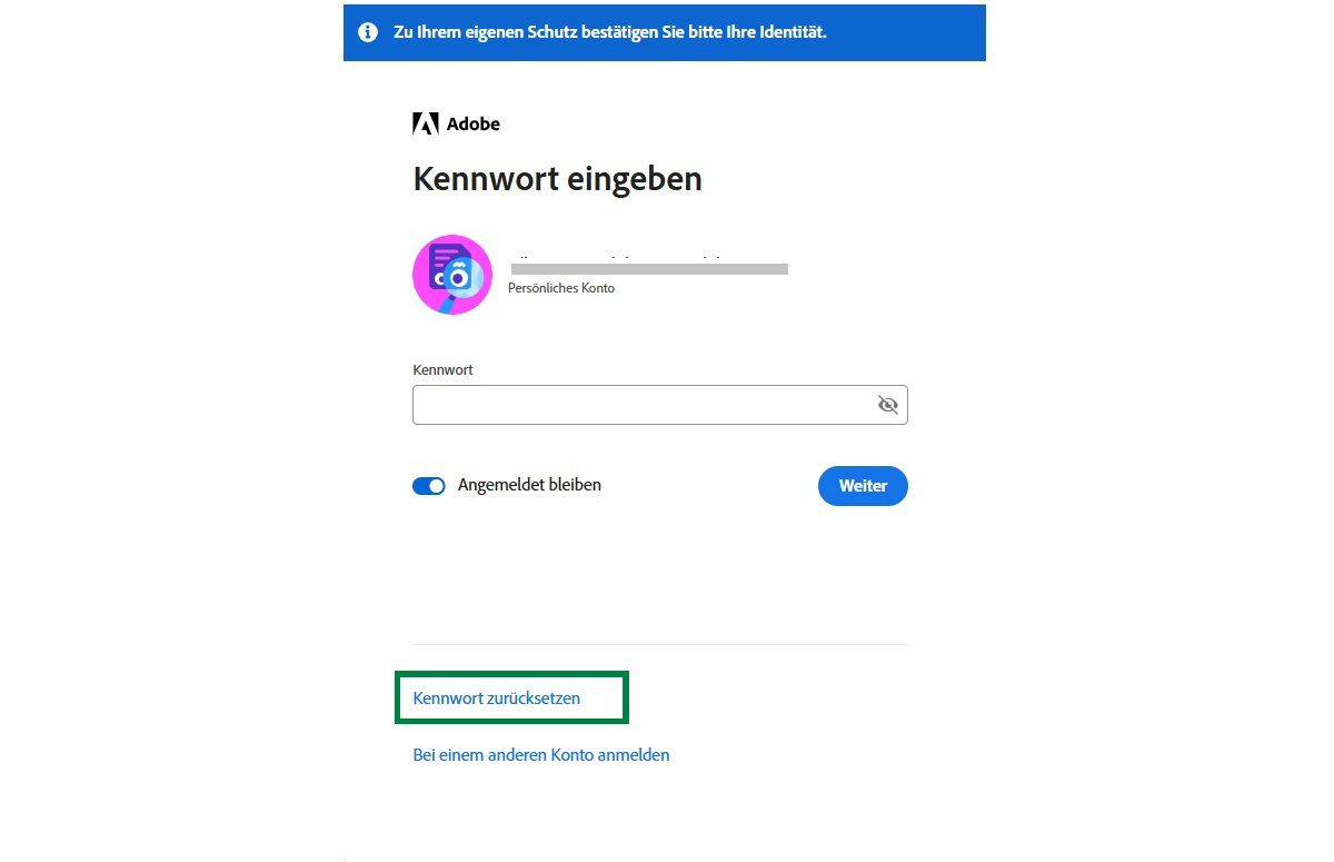 Bildschirm zum Anmelden beim Adobe-Konto zum Zurücksetzen des Kennworts