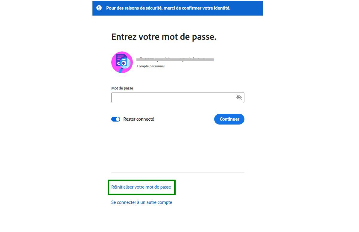 Écran de connexion au compte Adobe pour modifier le mot de passe