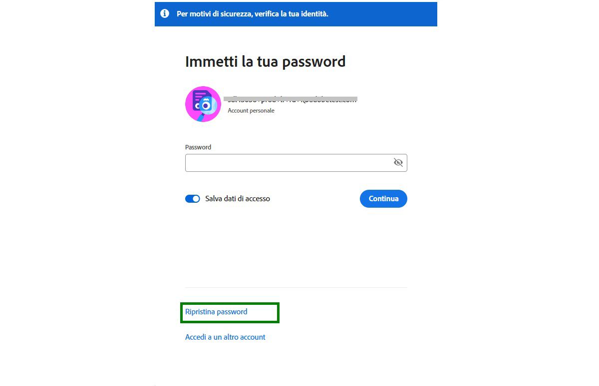Schermata di accesso all'account Adobe per modificare la password