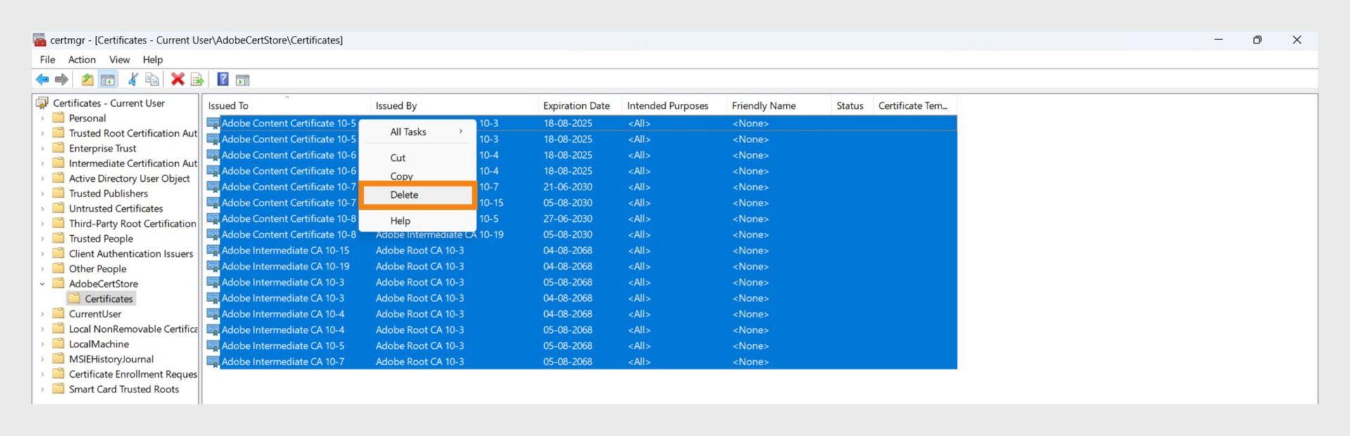 Ventana del Administrador de certificados que muestra todos los certificados de AdobeCertStore con opciones para Cortar, Copiar, Eliminar, etc. 