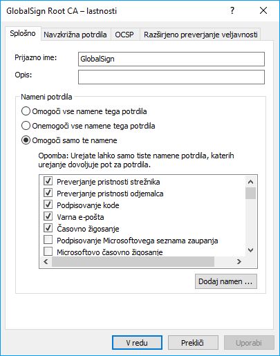 Lastnosti GlobalSign Root CA