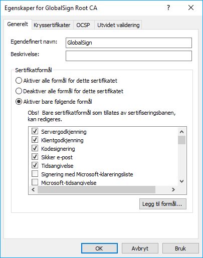 GlobalSign Root CA-egenskaper