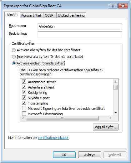 GlobalSign Root CA-egenskaper