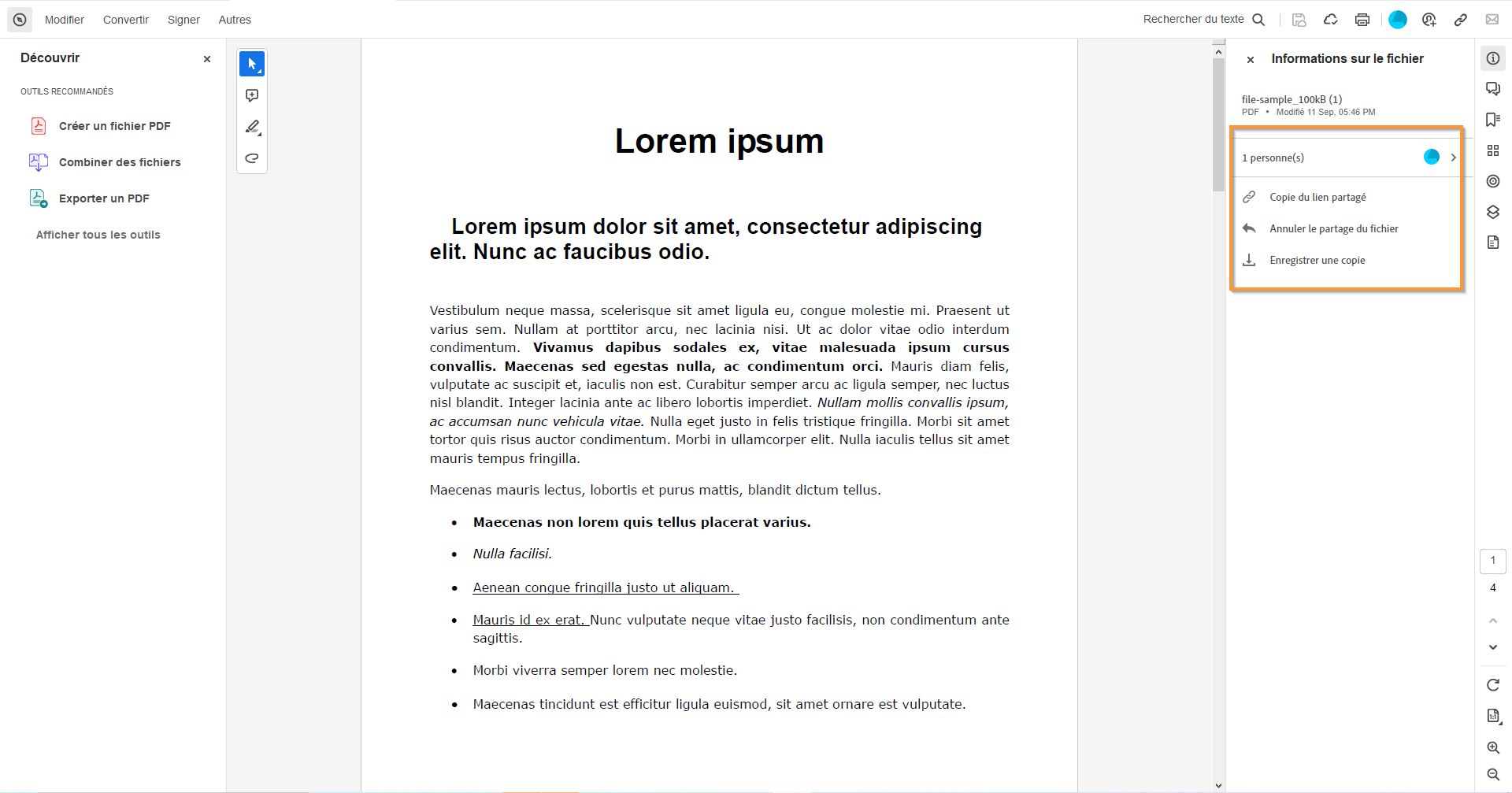 Actions sur un fichier certifié