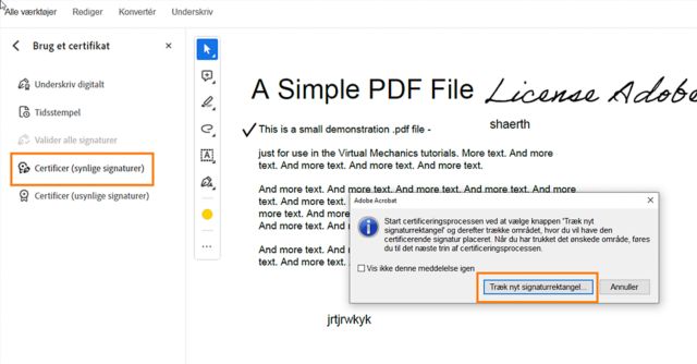 Certificer (synlige signaturer) en PDF-fil