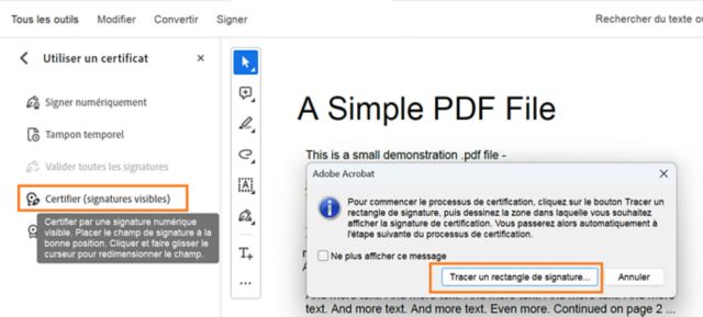 Certifier (signatures visibles) un PDF