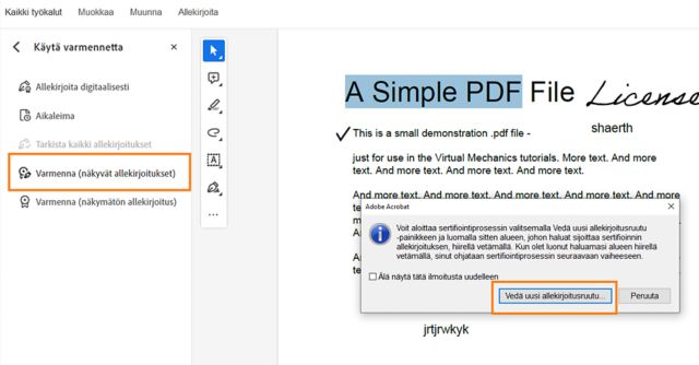 PDF-tiedoston sertifioiminen (näkyvät allekirjoitukset)