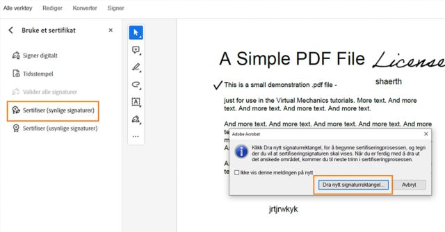 Sertifisere (synlige signaturer) en PDF-fil
