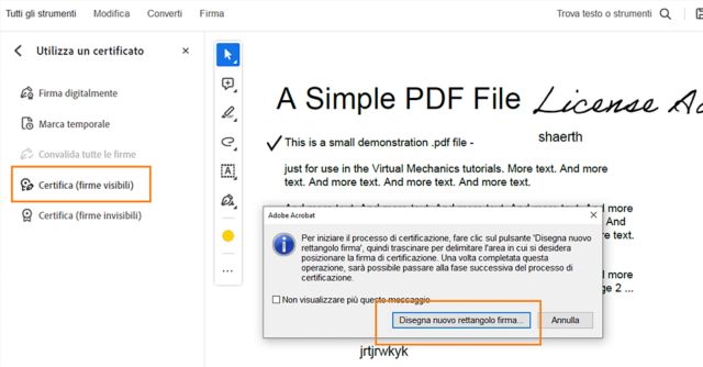Certificare (firme visibili) un PDF