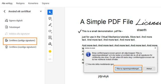 Certifiera (synliga signaturer) en PDF-fil