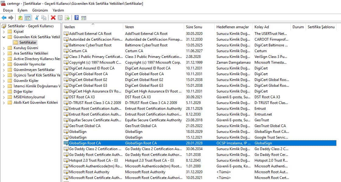 GlobalSign Root CA'deki Özellikler Seçeneği