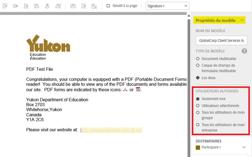 Page Gérer affichant les propriétés du modèle développées avec la configuration de l’option Utilisateurs autorisés mise en évidence.