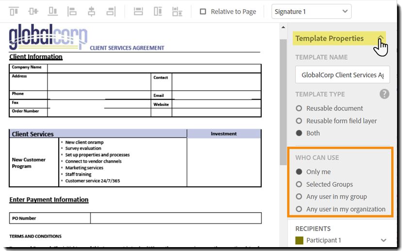 The Manage page showing the expanded Template Properties and highlighting the "Who can use" configuration.