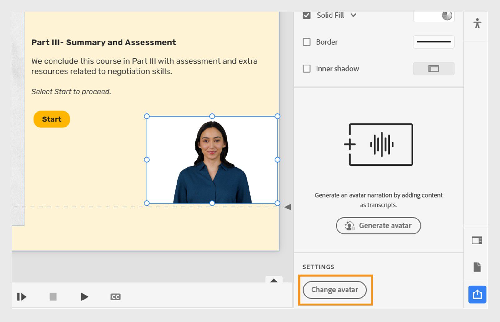  Panel for changing the avatar with character selection options and a preview panel showing the selected avatar.