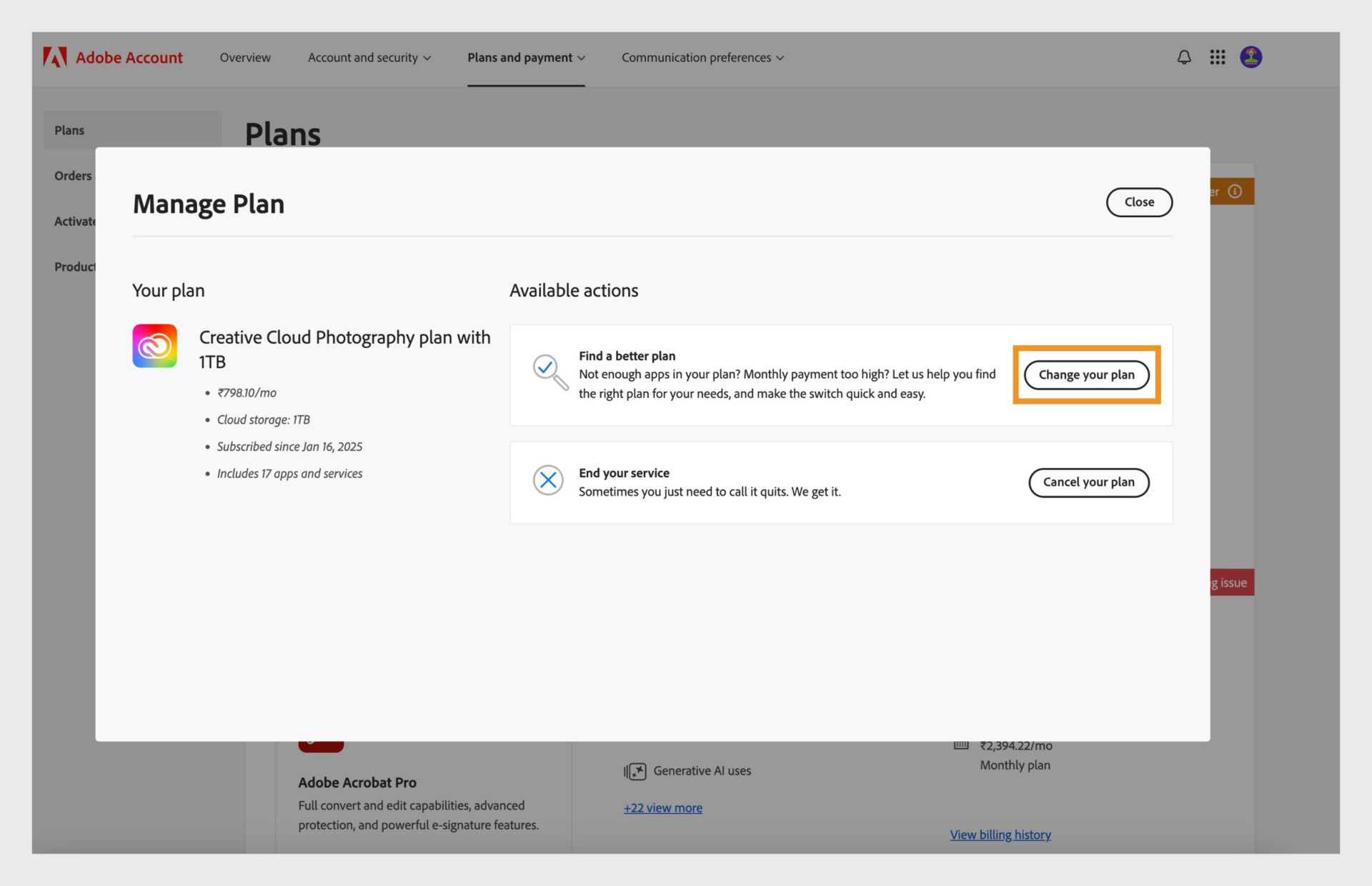 Administrer plan-vinduet viser alternativer for å endre og avbryte planen. 