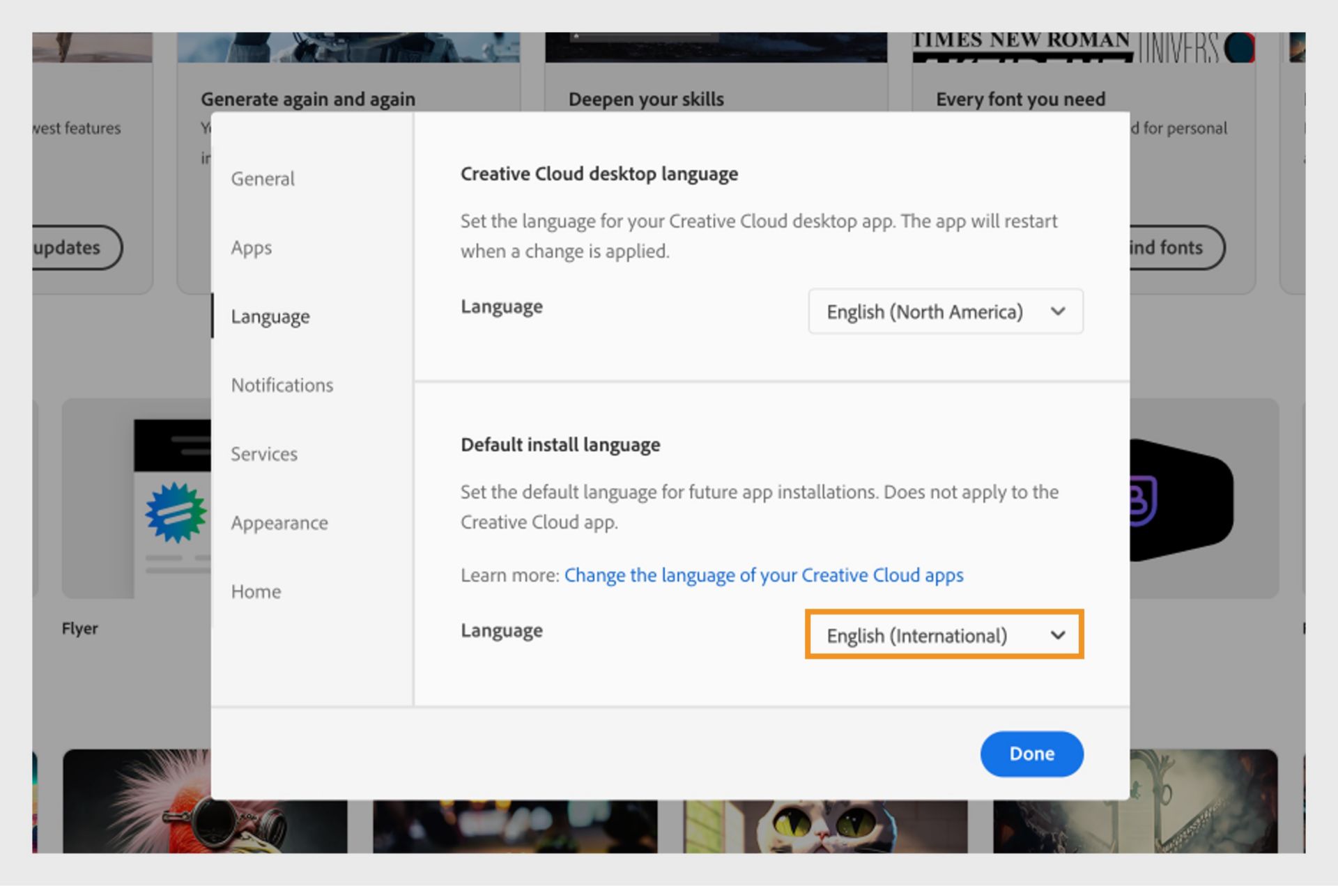 Menu drop-down di bawah Bahasa penginstalan default menyediakan opsi untuk mengubah bahasa untuk penginstalan aplikasi Anda di masa mendatang. 