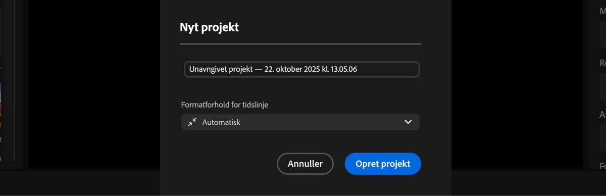 Dialogboksen Nyt projekt er åben, og der er muligheder for at tilføje et navn til projektet og også indstille formatforhold for tidslinjen.