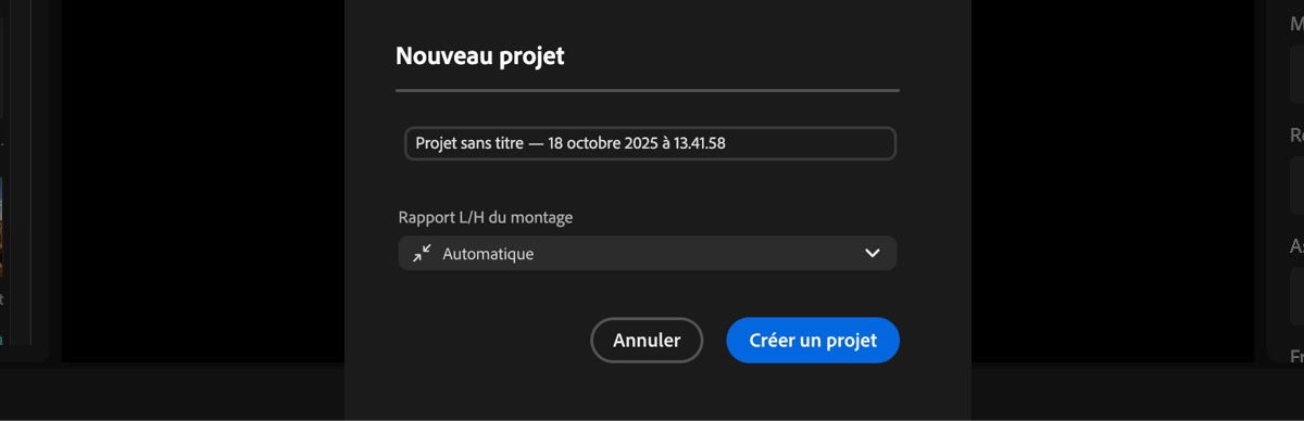 La boîte de dialogue Nouveau projet est ouverte et propose des options pour ajouter un nom au projet et définir le rapport L/H du montage.