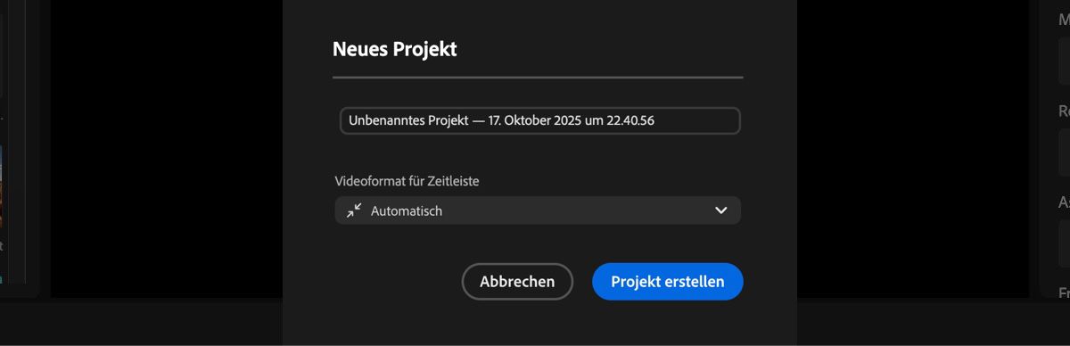 Das Dialogfeld „Neues Projekt&quot; ist geöffnet und es gibt Optionen, um dem Projekt einen Namen zu geben und das Seitenverhältnis für die Timeline festzulegen.