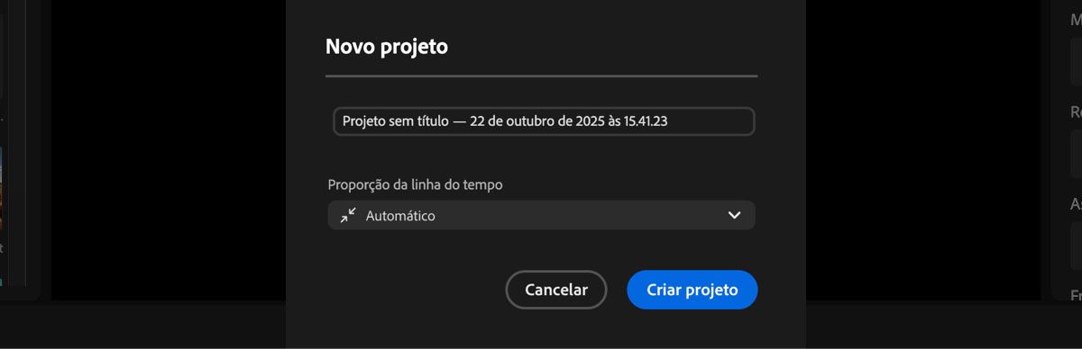 A caixa de diálogo Novo projeto está aberta e há opções para adicionar um nome ao projeto e também definir a proporção para a linha do tempo.