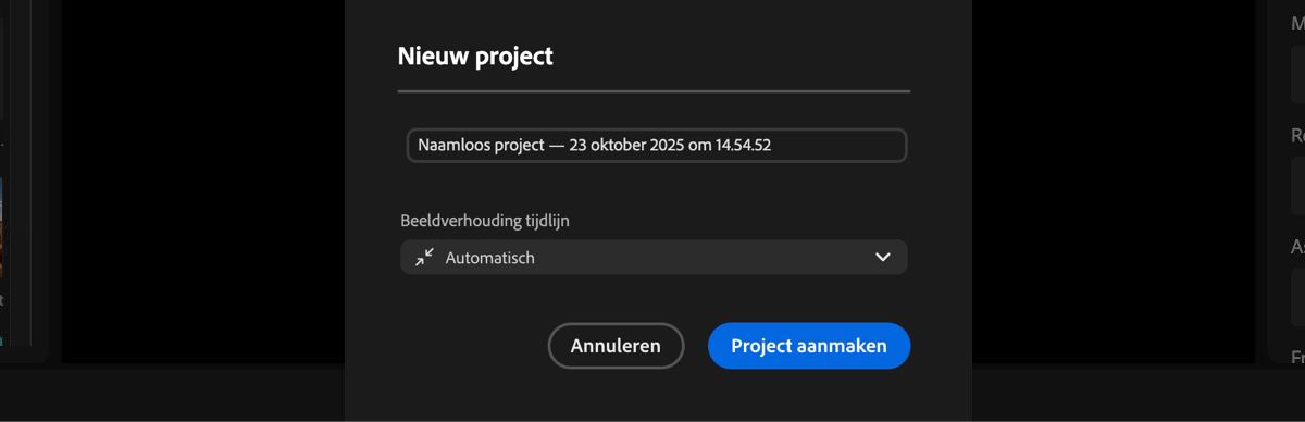 Het dialoogvenster Nieuw project is geopend en er zijn opties om een naam aan het project toe te voegen en ook de beeldverhouding van de tijdlijn in te stellen.