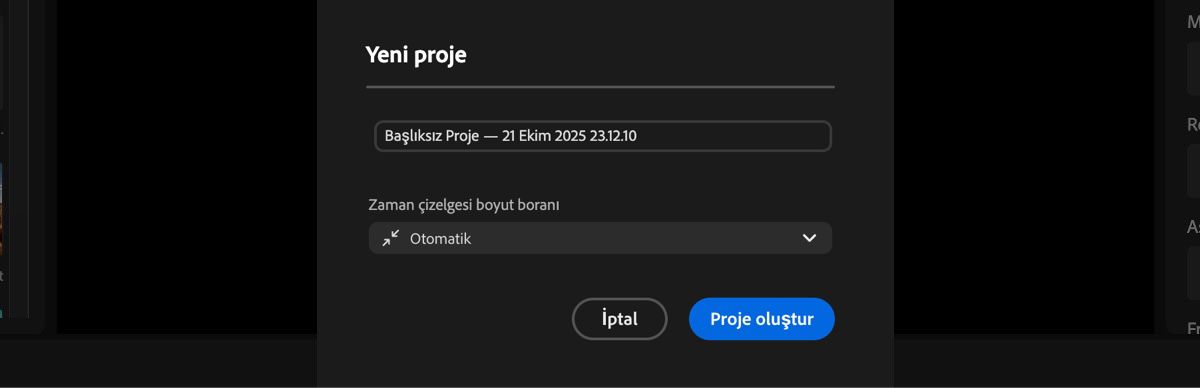 Yeni proje iletişim kutusu açık ve projeye bir ad ekleme ve zaman çizelgesi için boyut oranı ayarlama seçenekleri mevcut.