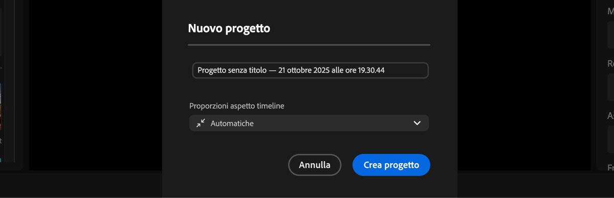 La finestra di dialogo Nuovo progetto è aperta e sono disponibili opzioni per aggiungere un nome al progetto e impostare le proporzioni per la timeline.