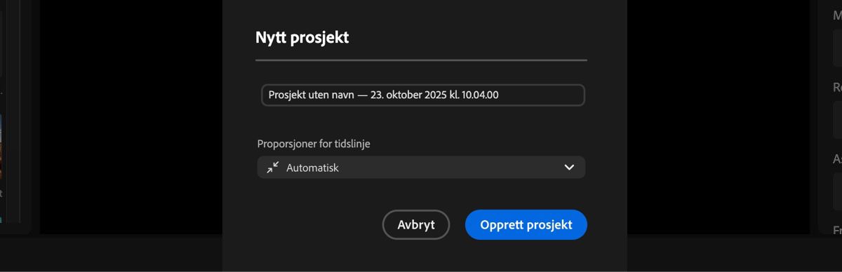Dialogboksen Nytt prosjekt er åpen, og det finnes alternativer for å legge til et navn på prosjektet og angi proporsjoner for tidslinjen.