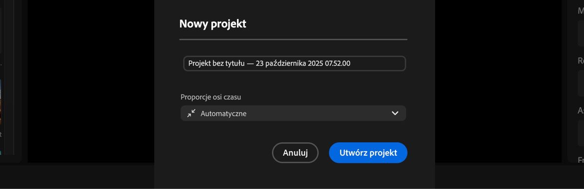 Otwarte jest okno dialogowe Nowy projekt z opcjami dodania nazwy projektu i ustawienia proporcji osi czasu.