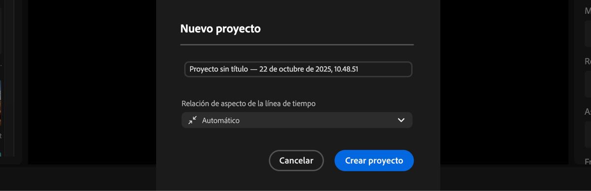 Se abre el cuadro de diálogo Nuevo proyecto y hay opciones para añadir un nombre al proyecto y también establecer la relación de aspecto para la cronología.
